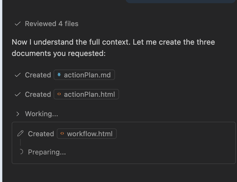Agent created actionPlan and workflow files